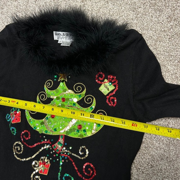 Vintage Jack B Quick Christmas Sweater Faux Fur Collar Women Small Tree Beaded - Picture 4 of 10